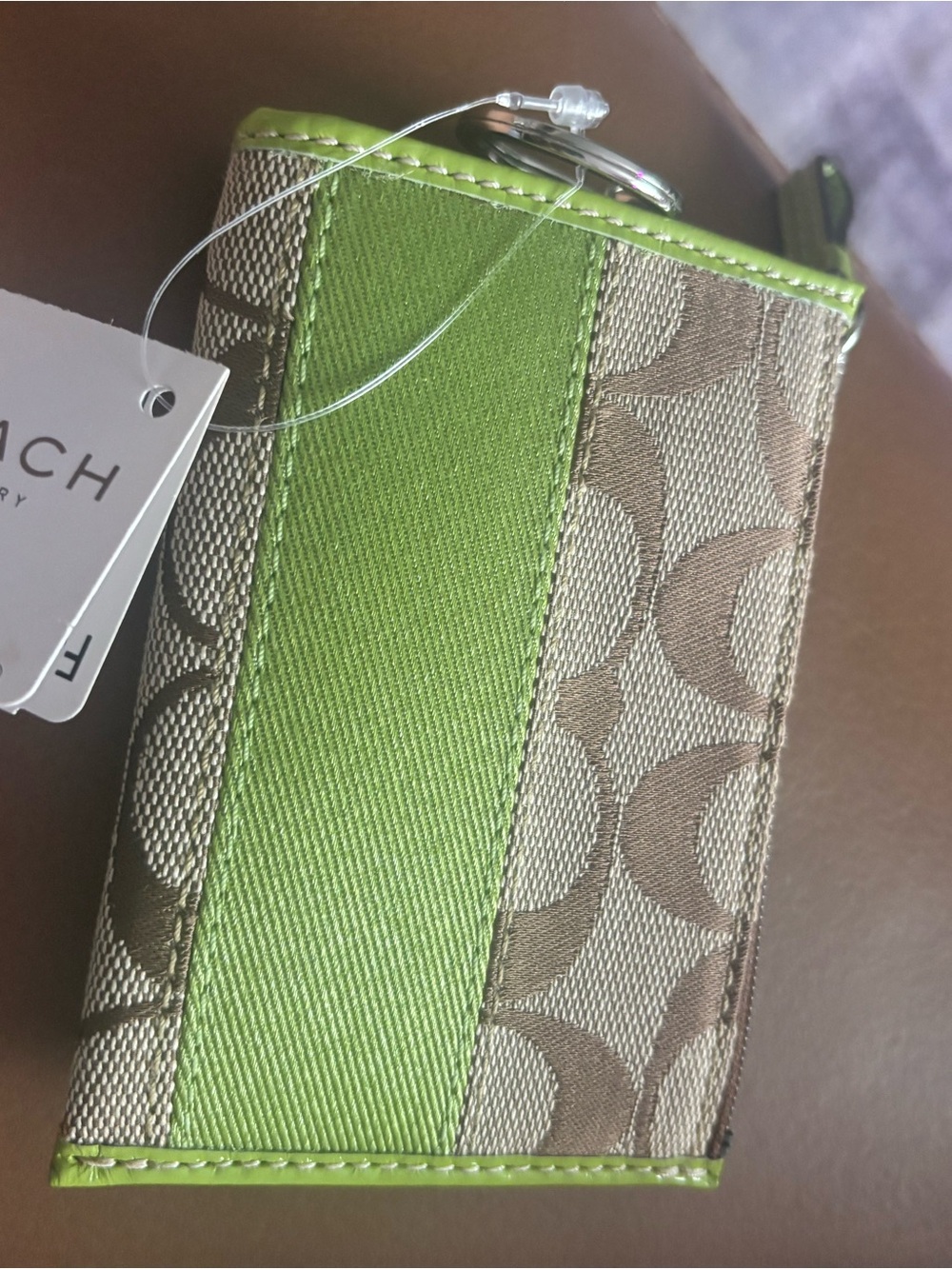Coach Brown Signature Canvas Card Case with Lime Trim and Keyring - Picture 5 of 5